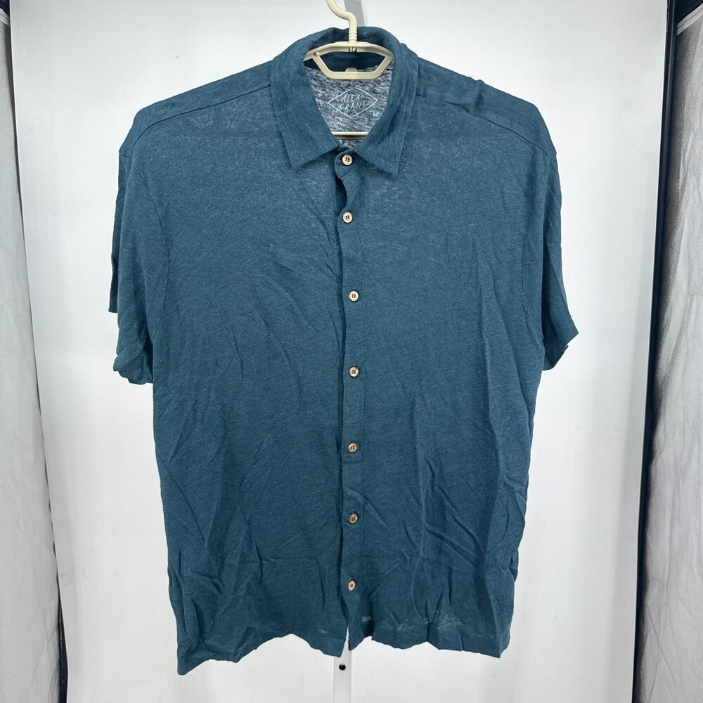 Alex Crane Shirt Mens M Teal Short Sleeve Button Up Linen Knit Slub Summer NWT